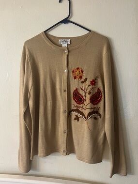 Bob Mackie Beige Cardigan with Red and Gold Floral Embroidery